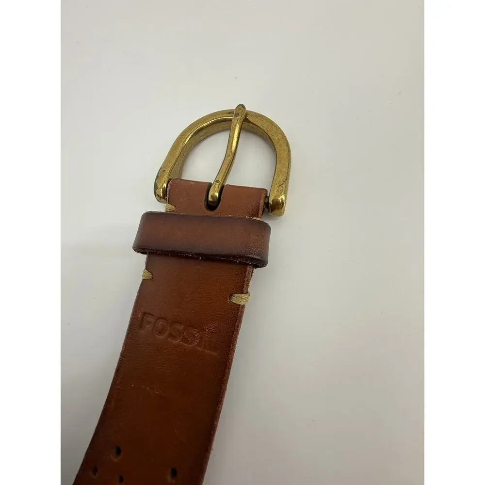 Fossil Leather Belt Perforated Cutout Boho Brass Buckle Brown 41 Inch